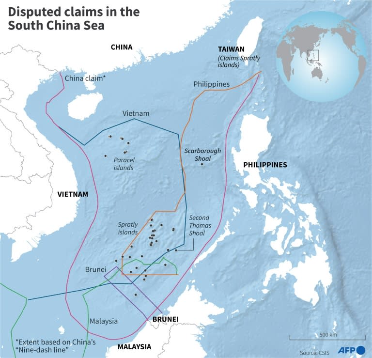 Map showing the extent of disputed claims in the South China Sea. (Laurence CHU)