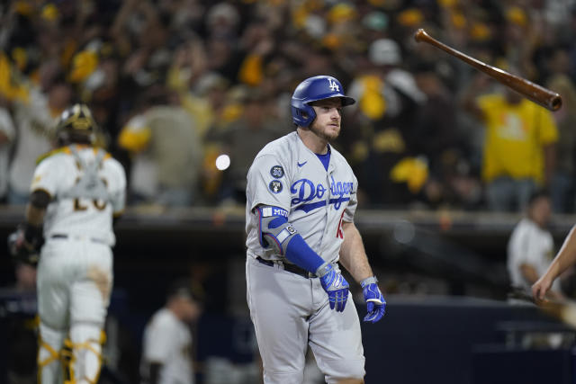 San Diego Padres' Trent Grisham reacts after hitting a home run during the  fourth inning in Game 3 of a baseball NL Division Series against the Los  Angeles Dodgers, Friday, Oct. 14