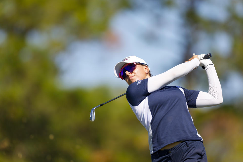 Stephanie Kyriacou plays her shot from the ninth tee during the third round of The ANNIKA driven by Gainbridge at Pelican at Pelican Golf Club on November 11, 2023 in Belleair, Florida. (Photo by Mike Ehrmann/Getty Images)