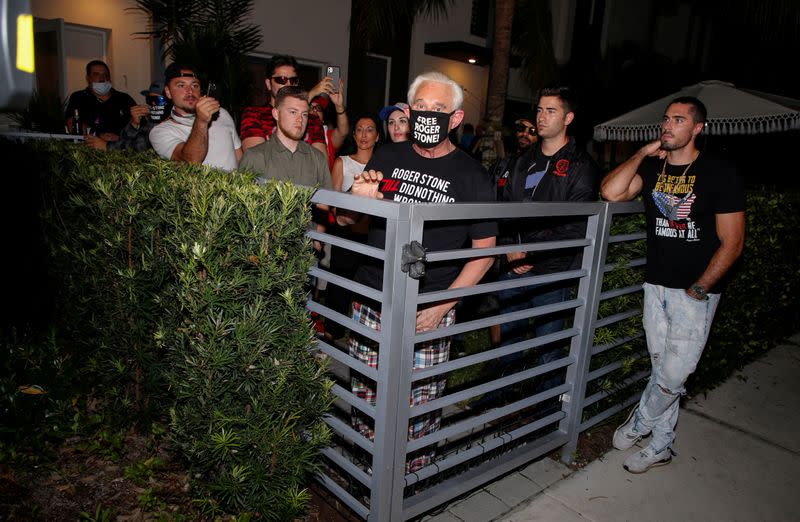 Roger Stone reacts after Trump commuted his federal prison sentence in Fort Lauderdale