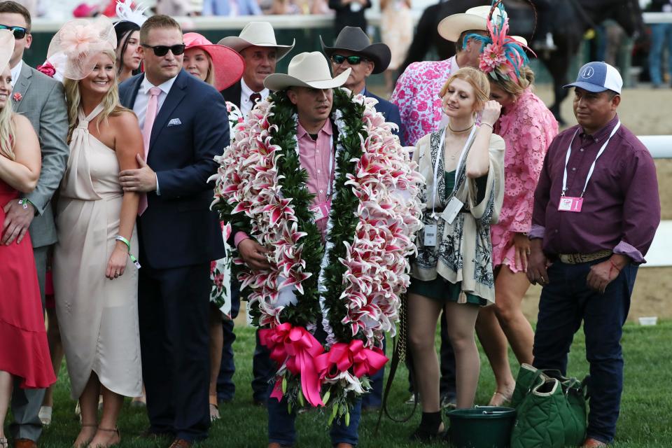 The winners circle after jockey Luis Saez rode Secret Oath to win the 148th running of the Kentucky Oaks at Churchill Downs in Louisville, Ky. on May 6, 2022.  Secret Oath refused to have the Garland of Lillies placed on her.