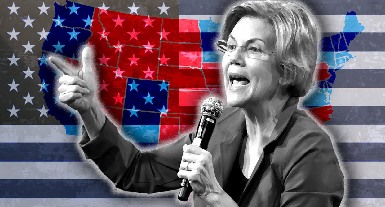 Elizabeth Warren and the electoral college map. (Photo illustration: Yahoo News; photos: Ethan Miller/Getty Images, AP(2), Getty Images)