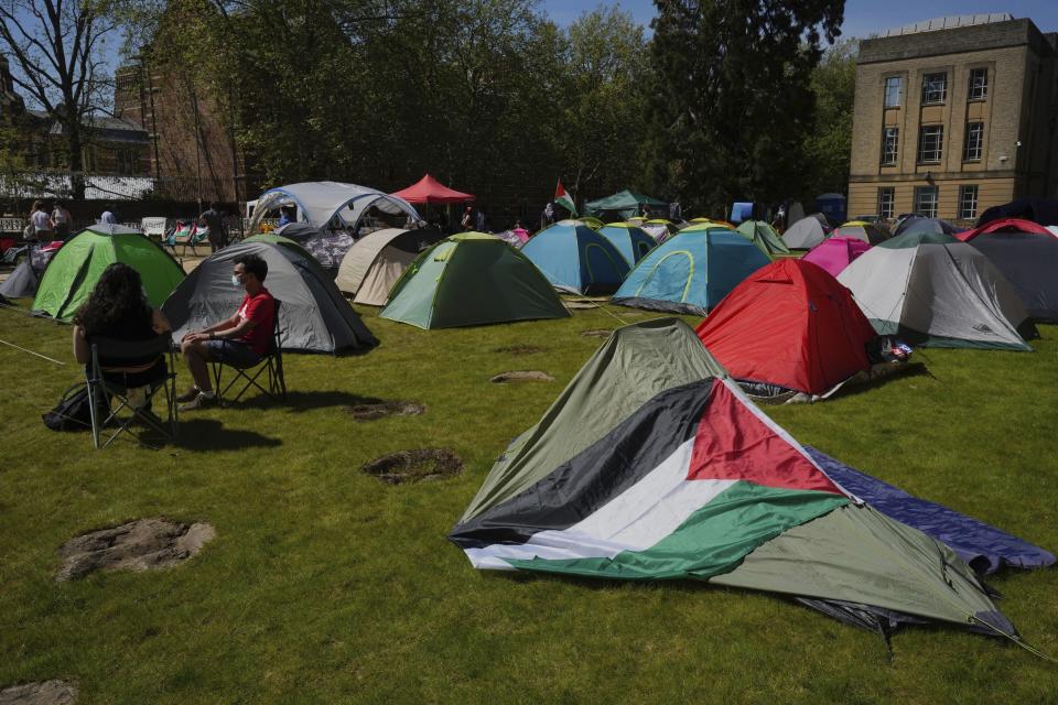 Tents are set up by pro-Palestinians students outside the Pitt Rivers Museum at Oxford, in England, Thursday, May 9, 2024. Students in the UK, including in Leeds, Newcastle and Bristol, have set up tents outside university buildings, replicating the nationwide campus demonstrations which began in the US last month. (AP Photo/Kin Cheung)