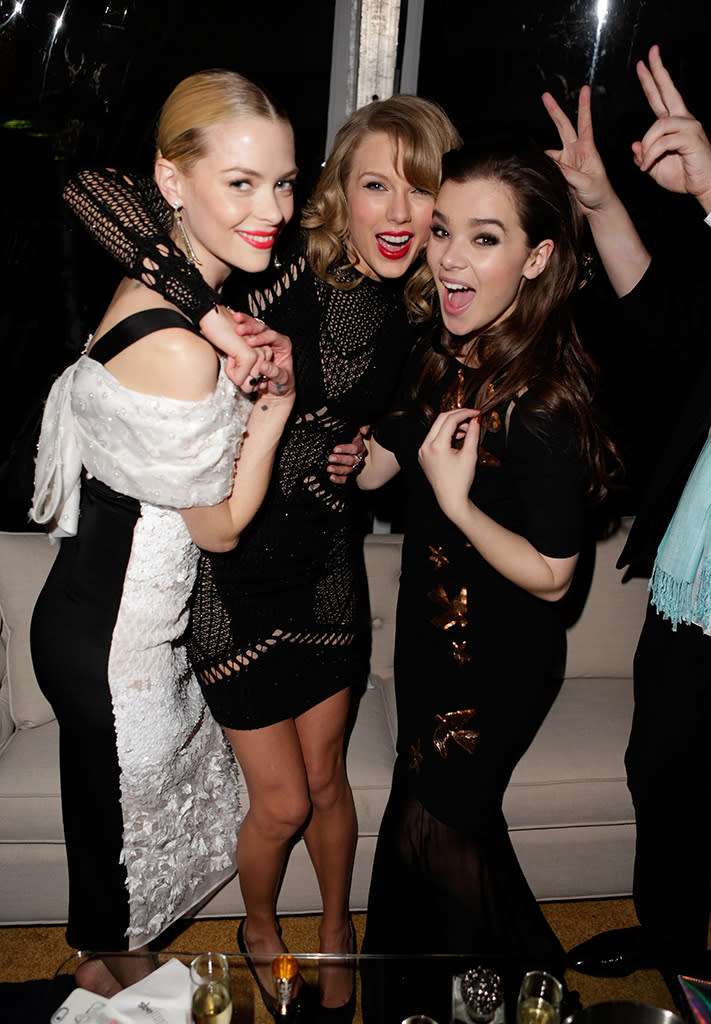 <p>T. Swift and her friends will make any excuse to party. The singer stopped by the Weinstein Company’s 2014 event with King, left, and Steinfeld. No surprise, they had a blast! (Photo: Jeff Vespa/Getty Images for The Weinstein Company) </p>