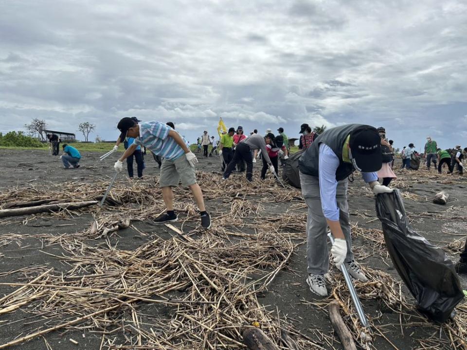 台灣中油公司發動所屬南部單位員工眷昨在高雄市林園濕地進行淨灘。（記者吳門鍵攝）