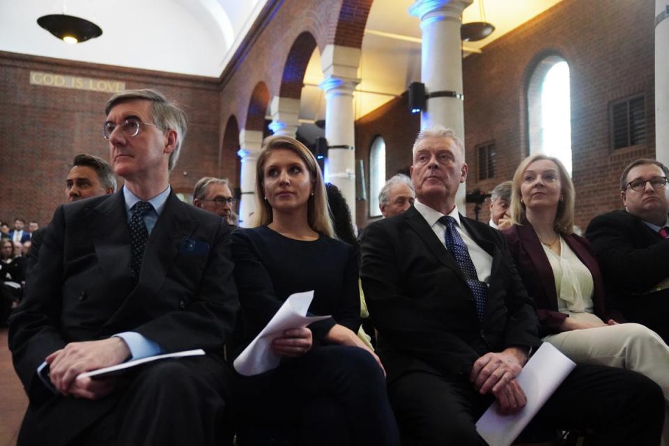 Sir Jacob Rees-Mogg, Mhairi Fraser, Lee Anderson and Liz Truss at the launch (PA)