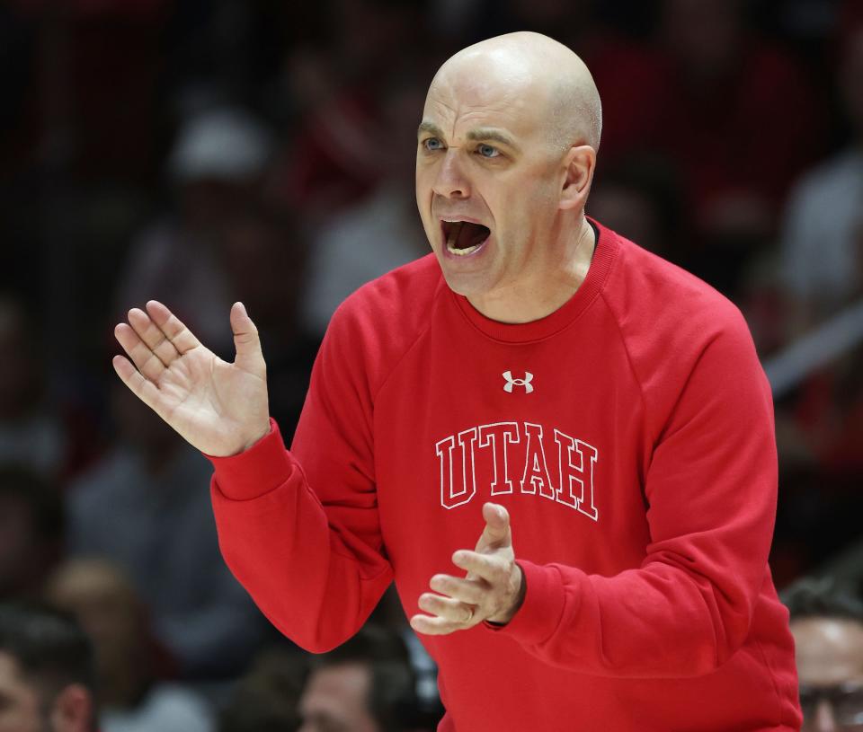 Utah Utes head coach Craig Smith shouts instruction in Salt Lake City on Thursday, Feb. 8, 2024.