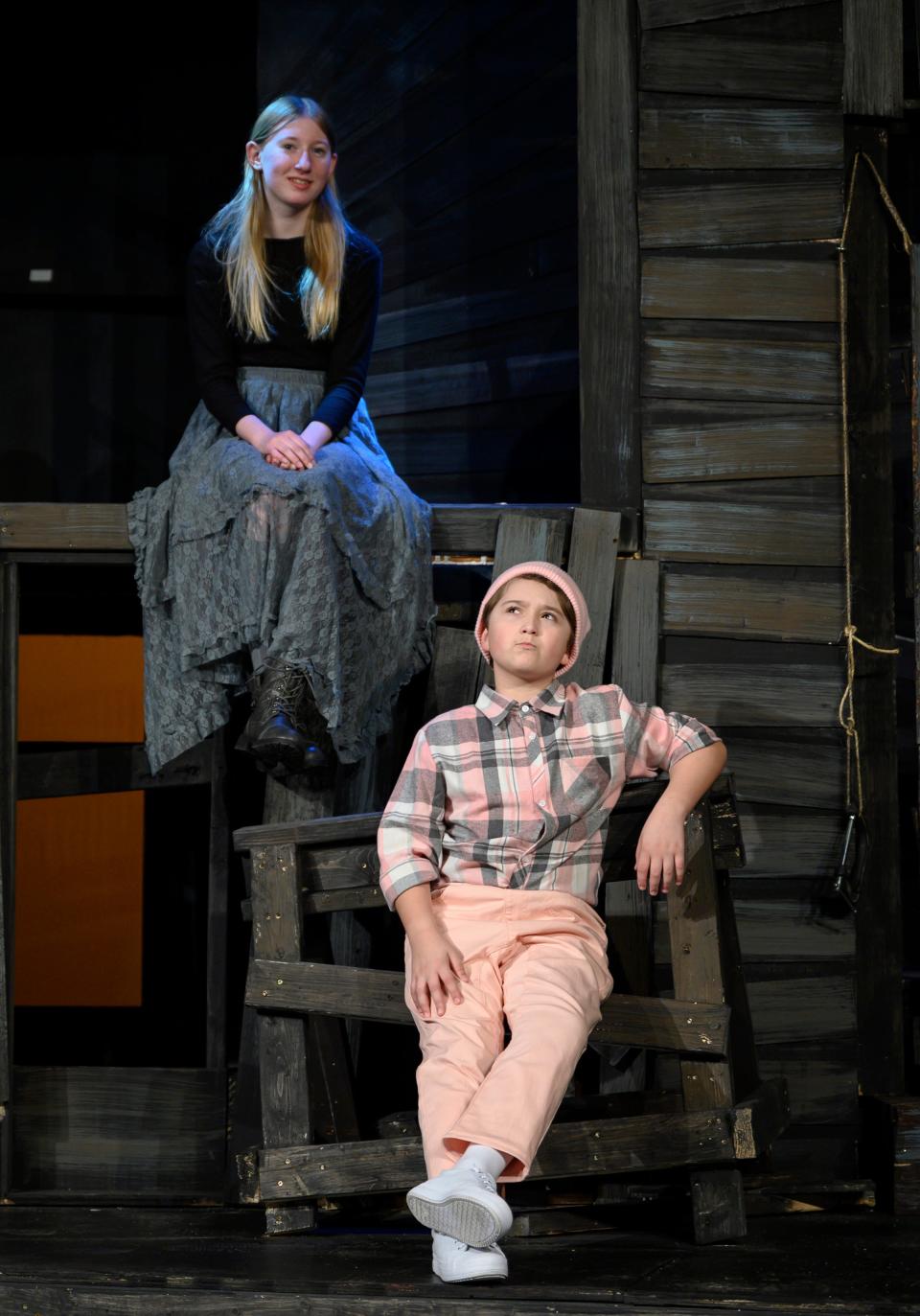 Ashley Greenamyer, top, as the wise spider Charlotte, and Lucas Howell as the tiny pig Wilbur in "Charlotte's Web" March 23-24 at the Oak Ridge Playhouse.