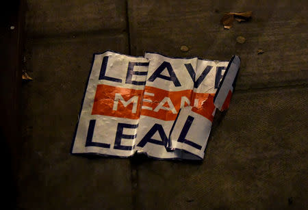 A pro-Brexit sign is seen outside the Houses of Parliament after the result was announced on Prime Minister Theresa May's Brexit deal, in London, Britain, January 15, 2019. REUTERS/Clodagh Kilcoyne