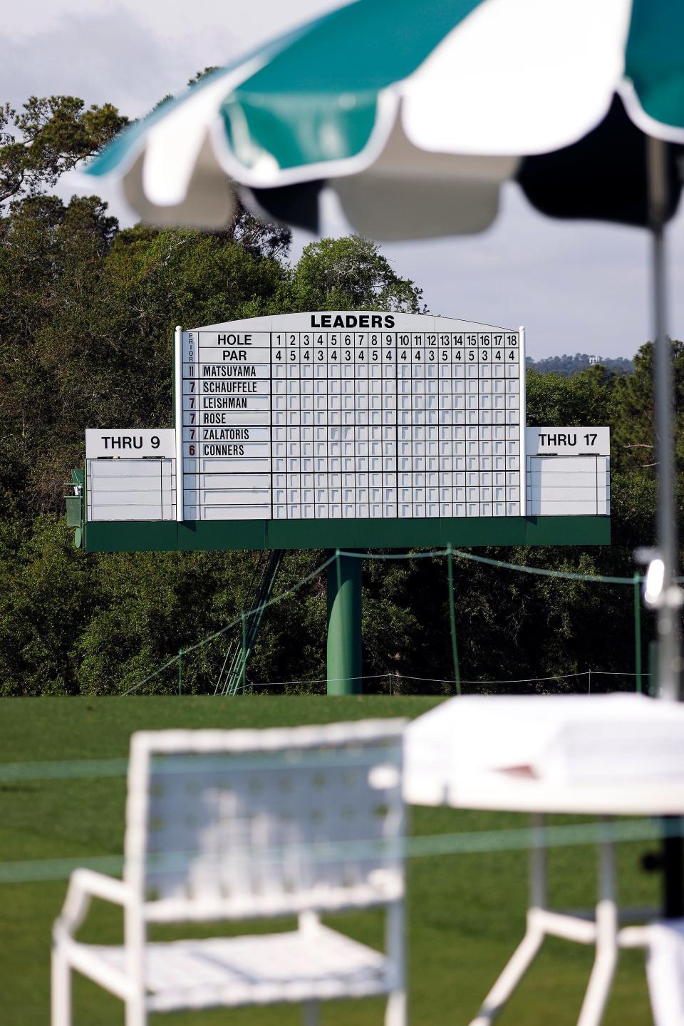 The early morning sun hits the main scoreboard on no. 18 before the start of Sunday's final round of the 2021 Masters.