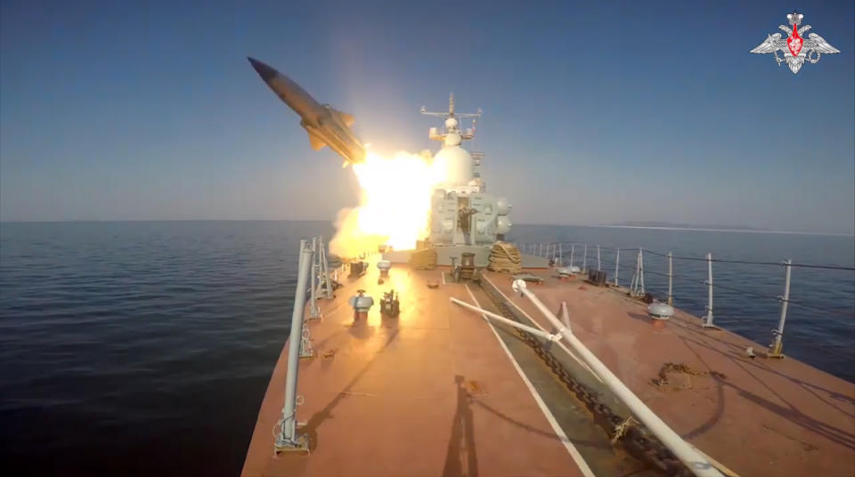In this photo made from video provided by the Russian Defense Ministry Press Service on Tuesday, March 28, 2023, a Russian navy boat launches an anti-ship missile test in the Peter The Great Gulf in the Sea of Japan. Russia's Defense Ministry says Moscow has test-fired anti-ship missiles in the Sea of Japan. The ministry said Tuesday that a few boats launched a simulated missile attack on a mock enemy warship about 60 miles away. (Russian Defense Ministry Press Service via AP)