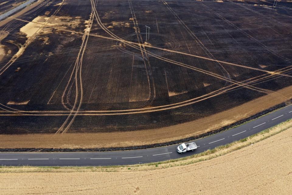 An aerial view of charred fields after a crop fire near the village of Dinnington on July 20, 2022 in Rotherham, United Kingdom. (Getty Images)