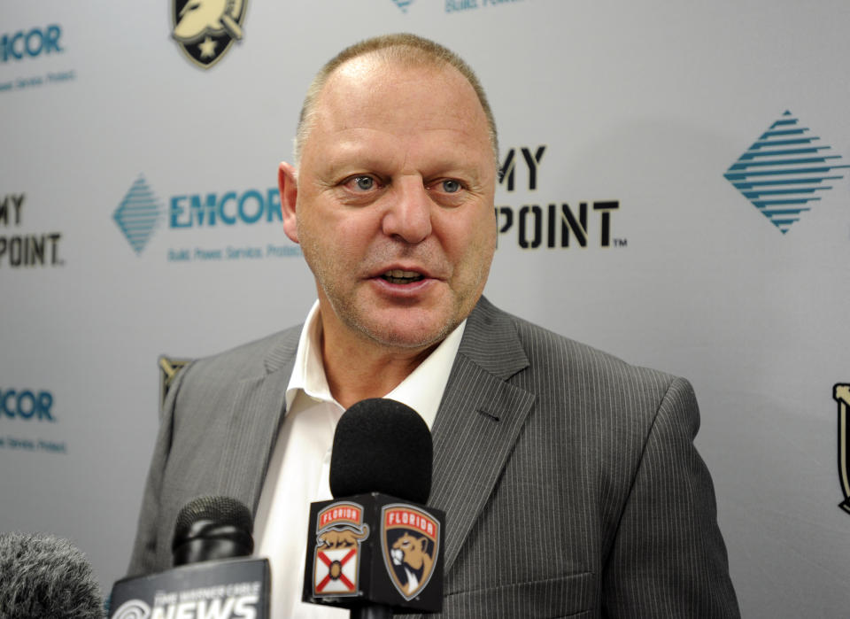 FILe - In this Oct. 8, 2016, file photo, Florida Panthers head coach Gerard Gallant talks about his teams 4-2 win against the New Jersey Devils after an NHL preseason hockey game, in West Point, N.Y. The Vegas Golden Knights have hired Gallant as the first coach of the NHL expansion team. General manager George McPhee announced the move Thursday, April 13, 2017. (AP Photo/Hans Pennink, File)