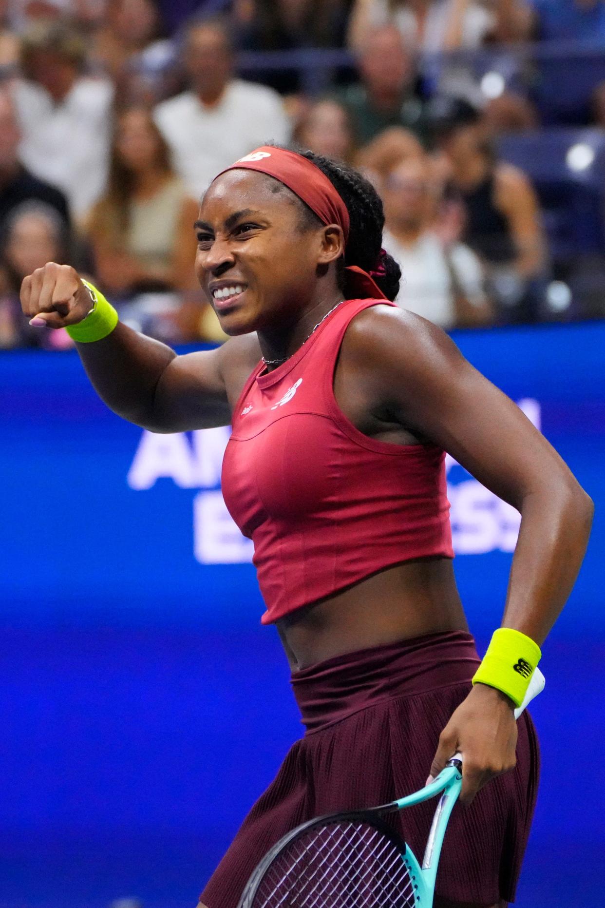 Coco Gauff of Delray Beach reacts after winning a point against Aryna Sabalenka in the women's singles final Saturday at the 2023 U.S. Open tennis tournament at USTA Billie Jean King Tennis Center.