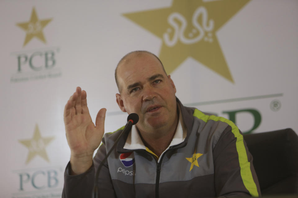 Pakistan cricket team coach Mickey Arthur addresses a news conference in Lahore, Pakistan, Friday, Feb. 8, 2019. Arthur says it's time to move on from captain Sarfraz Ahmed's four-match ban for a racial taunt and concentrate on finalizing the team for the Cricket World Cup. (AP Photo/K.M. Chaudary)