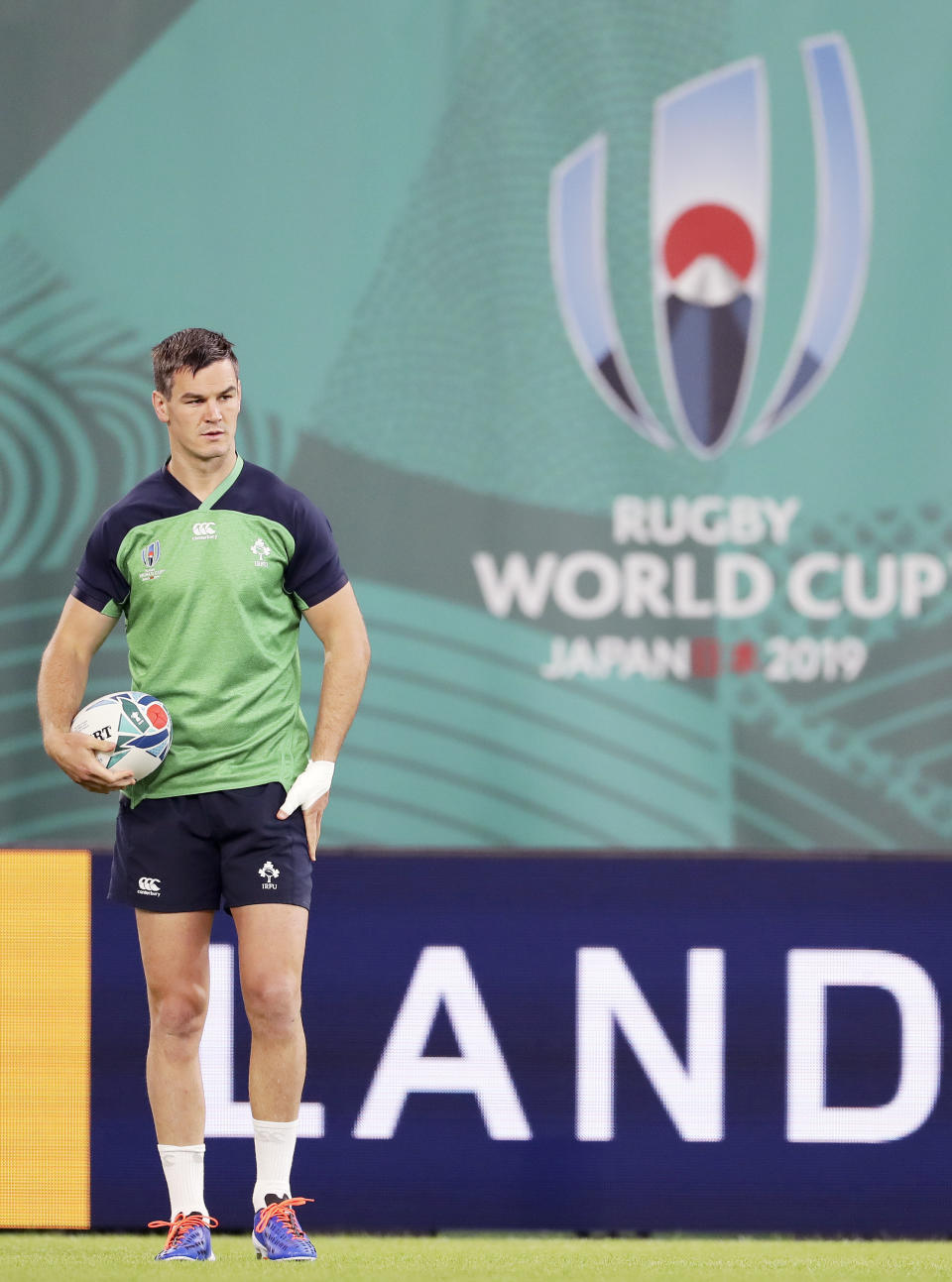 Ireland's Jonathan Sexton pauses during a training session at the Rugby World Cup in Kobe, western Japan, Wednesday, Oct. 2, 2019. (Yohei Fukuyama/Kyodo News via AP)
