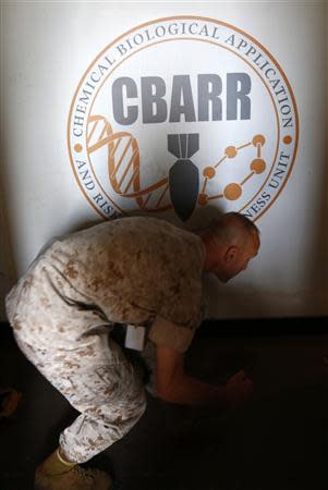 A U.S. marine officer is seen in the U.S. MV Cape Ray ship during a media tour at the naval airbase in Rota, near Cadiz, southern Spain April 10, 2014. Former container vessel Cape Ray, docked in southern Spain, has been fitted out with at least $10 million of gear to let it take on about 560 metric tonnes of Syria's most dangerous chemical agents and sail them out to sea, said officials. REUTERS/Marcelo del Pozo