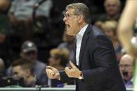 Connecticut head coach Geno Auriemma reacts during the second half of an NCAA college basketball game against South Florida, Sunday, Feb. 16, 2020, in Tampa, Fla. (AP Photo/Mike Carlson)