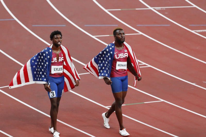 Noah Lyles (L) and Kenneth Bednarek are among the men's track stars vying to compete for Team USA at the 2024 Summer Games. File Photo by Bob Strong/UPI