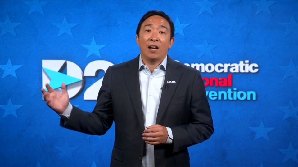 Andrew Yang speaks during the virtual Democratic National Convention on August 20, 2020. (via Reuters TV