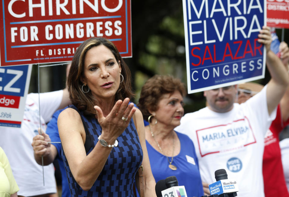 Maria Elvira Salazar speaks with members of the media outside a polling station in Coral Gables during the Florida primary election on Aug. 28, 2018. (Photo: Wilfredo Lee/AP)