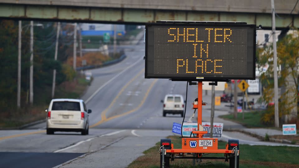 A shelter in place sign is displayed in Lewiston, Maine, on October 27, 2023, in the aftermath of a mass shooting. - Angela Weiss/AFP/Getty Images