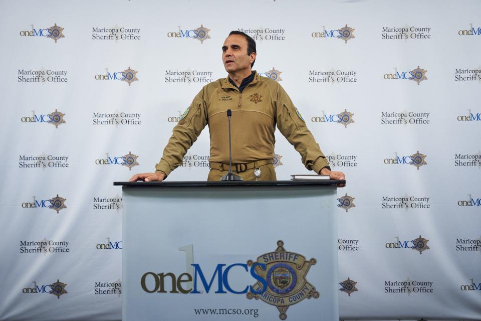 Maricopa County Sheriff Paul Penzone addresses the media on matters relating to election security in the media room in the Maricopa County Sheriff's Office headquarters in Phoenix on Monday, Oct. 24, 2022.