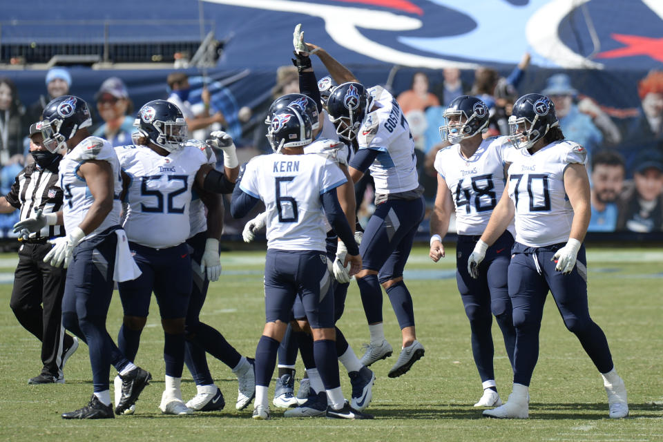 Tennessee Titans kicker Stephen Gostkowski (3) celebrates after kicking a 49-yard field goal against the Jacksonville Jaguars in the fourth quarter of an NFL football game Sunday, Sept. 20, 2020, in Nashville, Tenn. The kick gave the Titans a 33-30 win. (AP Photo/Mark Zaleski)