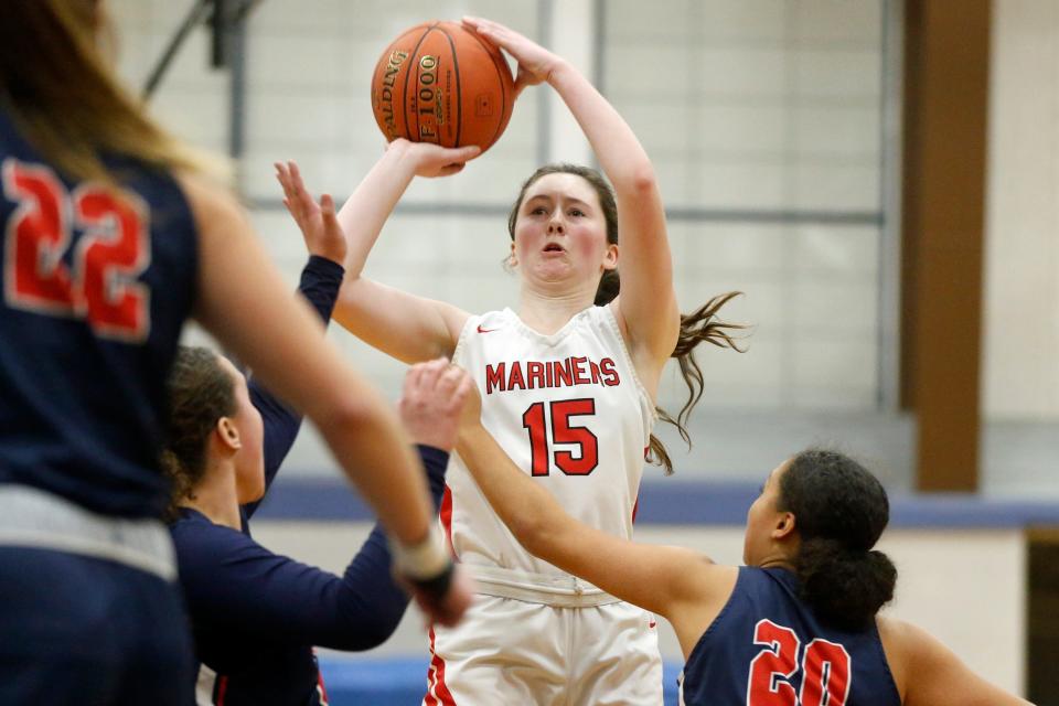 Grace Blessing, shown shooting during a game last season, led Narragansett to a comfortable victory over North Providence on Tuesday with 16 points, 6 rebounds and 5 assists.