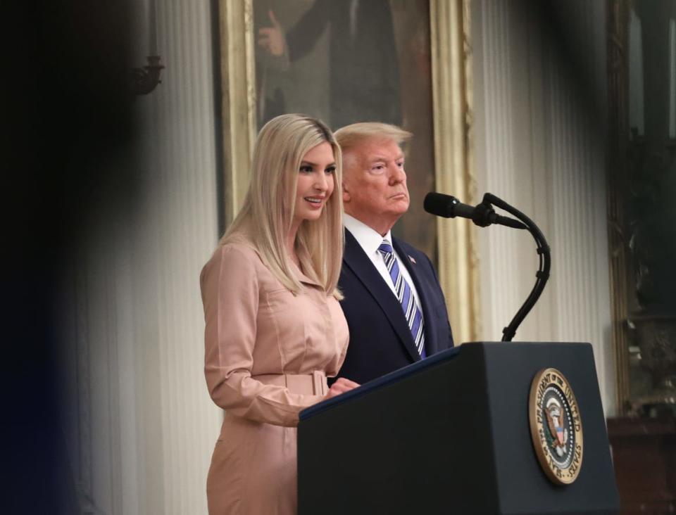 <div class="inline-image__caption"><p>White House advisor Ivanka Trump speaks while her father President Donald Trump listens on supporting small businesses through the Paycheck Protection Program in the East Room of the White House April 28, 2020, in Washington, D.C.</p></div> <div class="inline-image__credit">Win McNamee/Getty</div>