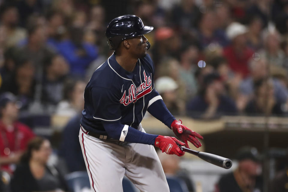 Atlanta Braves' Jorge Soler watches his RBI-double against the San Diego Padres in the 10th inning of a baseball game Saturday, Sept. 25, 2021, in San Diego. (AP Photo/Derrick Tuskan)