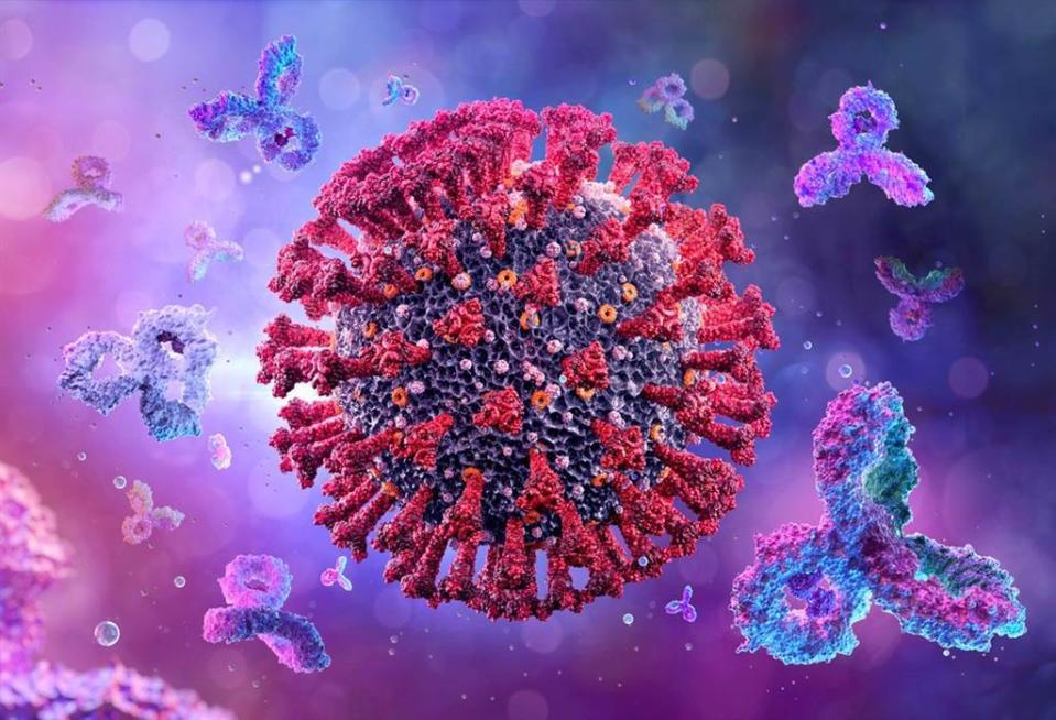 招名威指出現在光是新冠病毒就7種變異株，還有流感、諾羅、腺病毒、腸病毒、呼吸道融合病毒和肺炎鏈球菌，堪稱是史上之最。圖為病毒示意圖。(達志提供)