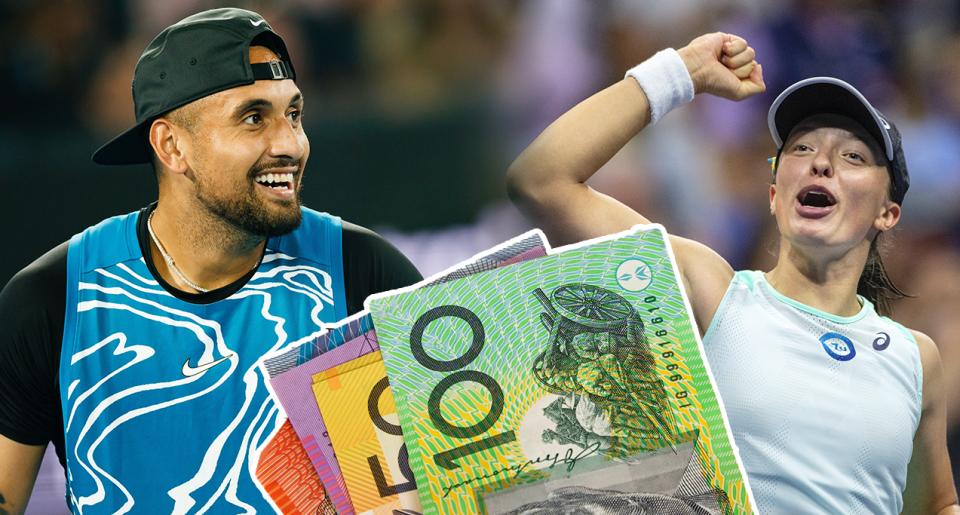 A composite image of tennis players who are competing in the Australian Open and Australian money.