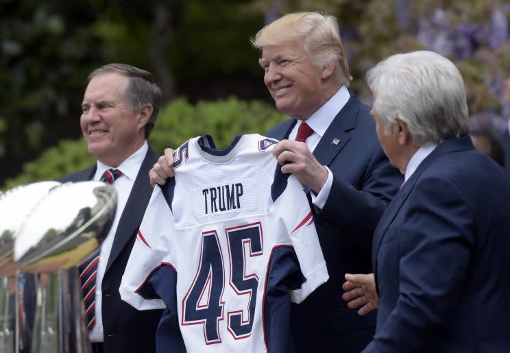 Bill Belichick, Donald Trump and Robert Kraft at the Patriots’ White House visit on Wednesday. (AP)