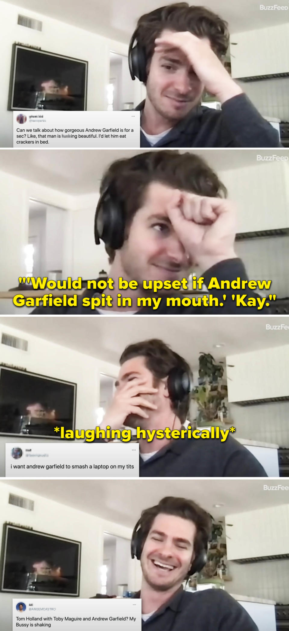 Andrew laughing and reading tweets that ask him to spit in his mouth, smash a laptop on someone's boobs, and more