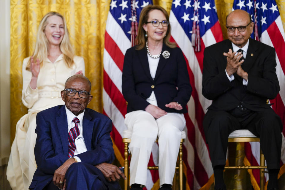 Fred Gray, bottom left, is recognized by President Joe Biden during a ceremony to award the nation's highest civilian honor, the Presidential Medal of Freedom, in the East Room of the White House on July 7, 2022. (Susan Walsh / AP)