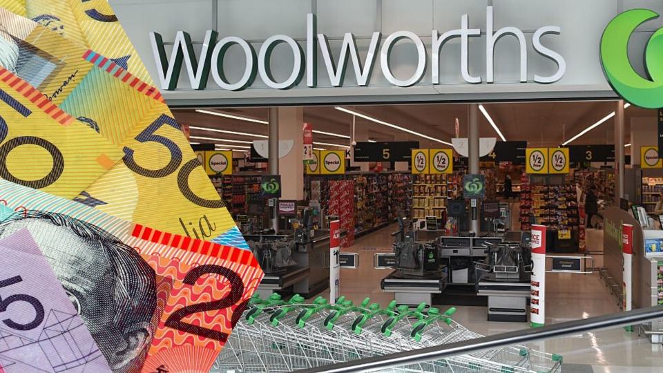 Image: Woolworths supermarket, Australian cash. Images: Getty