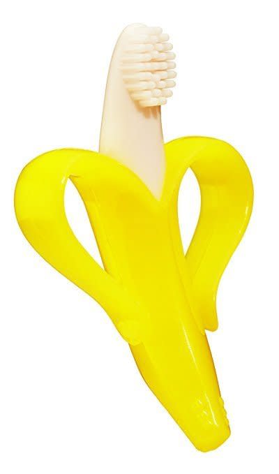 Its silicone design is safer on baby teeth than hard plastic toothbrushes. Plus, it's just plain adorable.&nbsp;<br /><strong>Price: <a href="https://www.amazon.com/Baby-Banana-Training-Toothbrush-Teether/dp/B002QYW8LW/ref=zg_bs_baby-products_5?_encoding=UTF8&amp;refRID=Z2W8SCFA5R9BXW0RMHV9&amp;th=1" target="_blank">$10</a></strong>