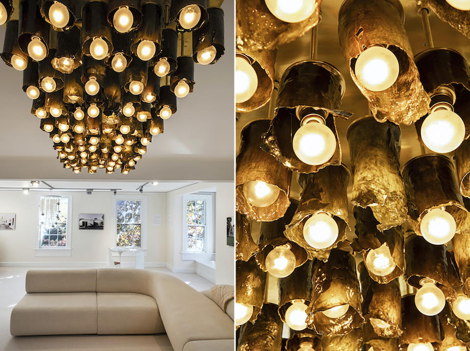 This combination of photos released by NEA Studio shows a chandelier made from dried algae from designer Nina Edwards Ankers. Ankers is one of many designers in decor and fashion who are thinking beyond traditional materials. They're finding ways to meld beautiful design with sustainable sourcing and production methods. (Caylon Hackwith/NEA Studio via AP)