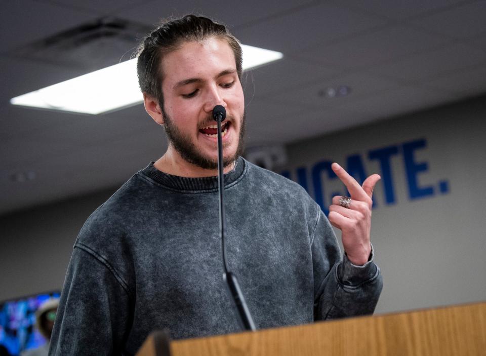 Bloomington High School South student Jake Cocalis speaks against the proposed schedule changes during the Monroe County Community School Corporation's monthly meeting on Tuesday, Oct. 24, 2023.