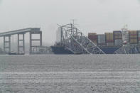 A container ship rests against the wreckage of the Francis Scott Key Bridge on Thursday, March 28, 2024, in Baltimore, Md. After days of searching through murky water for the workers missing after the bridge collapsed, officials are turning their attention Thursday to what promises to be a massive salvage operation. (AP Photo/Matt Rourke)