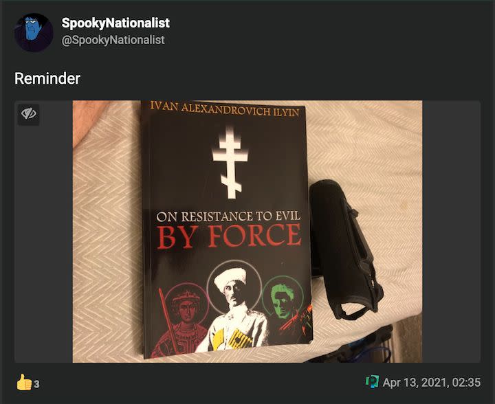 A menacing post from Welton&rsquo;s Spooky Nationalist account on Poa.st. Welton received a Pistol Marksmanship Ribbon in the Navy. (Photo: Screenshot)