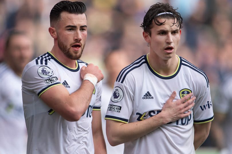 WOLVERHAMPTON, ENGLAND - MARCH 18: Jack Harrison and Brenden Aaronson of Leeds United defend a free kick during the Premier League match between Wolverhampton Wanderers and Leeds United at Molineux on March 18, 2023 in Wolverhampton, United Kingdom. (Photo by Visionhaus/Getty Images) -Credit:Visionhaus/Getty Images