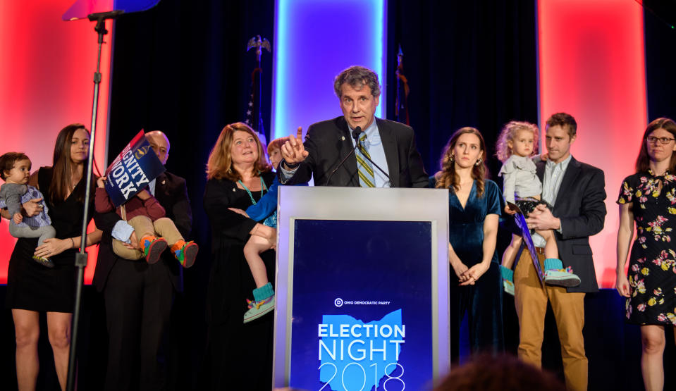 Brown, surrounded by members of his family, speaks in Columbus after his campaign victory. (Photo: Jeff Swensen/Getty Images)