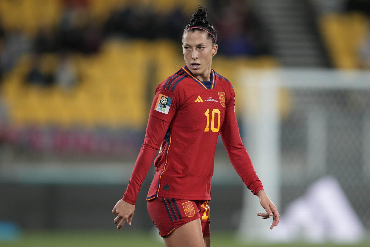 FILE - Spain's Jennifer Hermoso reacts after missing a scoring chance during the Women's World Cup Group C soccer match between Japan and Spain in Wellington, New Zealand, on July 31, 2023. Hermoso, who said she did not consent to the kiss by former federation president Luis Rubiales during the World Cup awards ceremony last month, said in a statement early Tuesday Sept. 19, 2023 that the federation's decision to call up nearly half of the 39 players who said they would not play for the national team as a protest was “irrefutable proof” that “nothing has changed.” (AP Photo/John Cowpland, File)