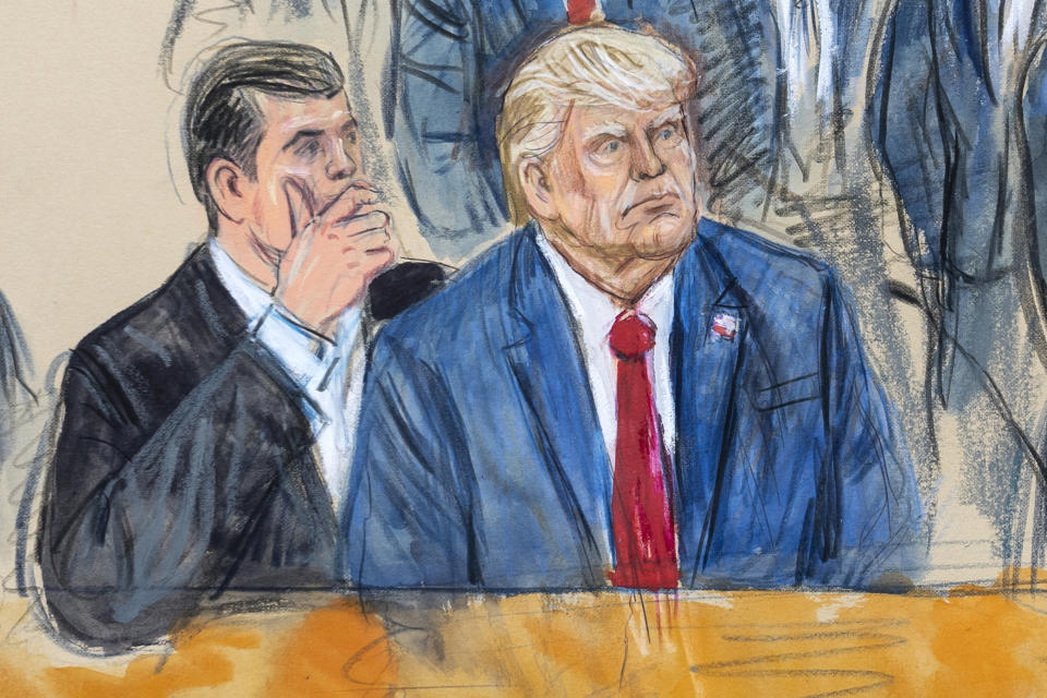 FILE - This artist sketch depicts former President Donald Trump, right, conferring with defense lawyer Todd Blanche, left, during his appearance at the Federal Courthouse in Washington, Thursday, Aug. 3, 2023. Former President Donald Trump and his legal team face long odds in their bid to move his 2020 election conspiracy trial out of Washington. They argue the Republican former president can’t possibly get a fair trial in the overwhelmingly Democratic nation’s capital. (Dana Verkouteren via AP, File)