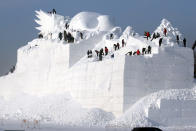 <p>People prepare a snow sculpture for the Harbin Sun Island International Snow Sculpture Art Expo in Harbin, China, on Dec. 6, 2017. (Photo: Stringer/Reuters) </p>