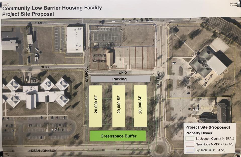 This map shows the one site that St. Joseph County commissioners have offered to the city of South Bend for a low-barrier homeless intake center. It is just east of the Juvenile Justice Center and north of Ivy Tech Community College.