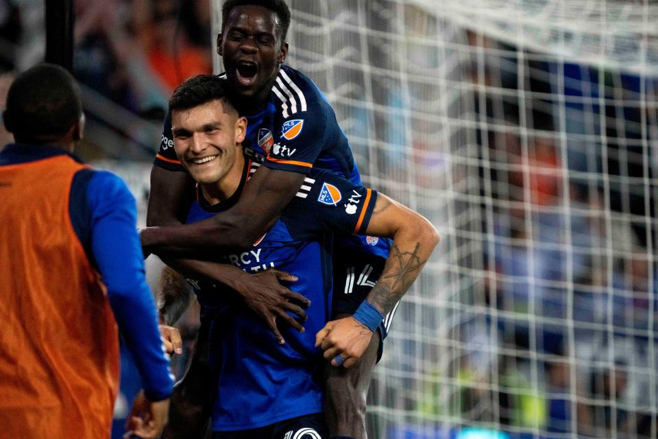 Brandon Vazquez, here celebrating a goal in the 3-0 victory over Montreal, is on a roll as is FC Cincinnati, which is just the fourth club in the modern era of MLS to start a season with seven straight home wins.