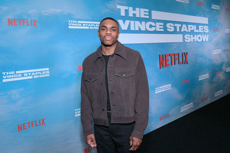 Vince Staples attends Netflix’s THE VINCE STAPLES SHOW Premiere at Netflix Tudum Theater on February 12 2024 in Los Angeles, California.